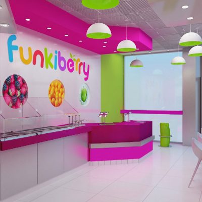 Funkiberry frozen yogurt shop interior design and branding