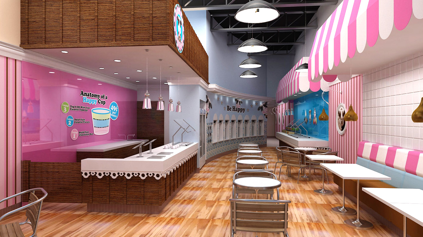 Pastel colors in ice cream store interior design