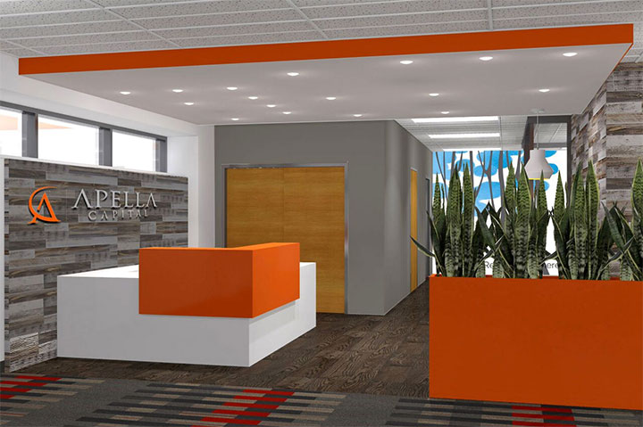 Office interior design with orange front counter and plant divider