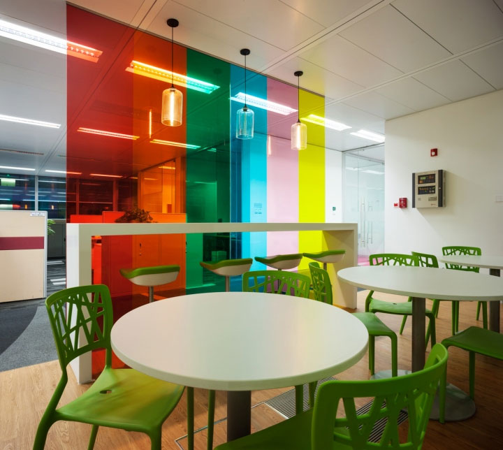 Colorful glass divider separates functional areas