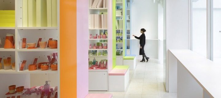 colorful shelves in store design