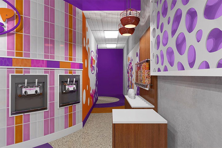 Striped multicolored tile wall in self-serving area in frozen yogurt store interior