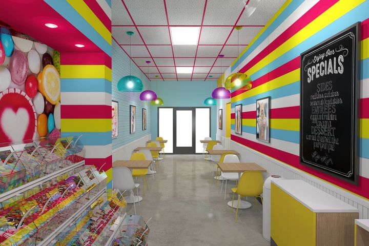 Ice cream shop interior with colorful wall stripes