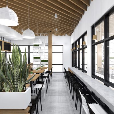 SimSim restaurant design wood slats ceiling