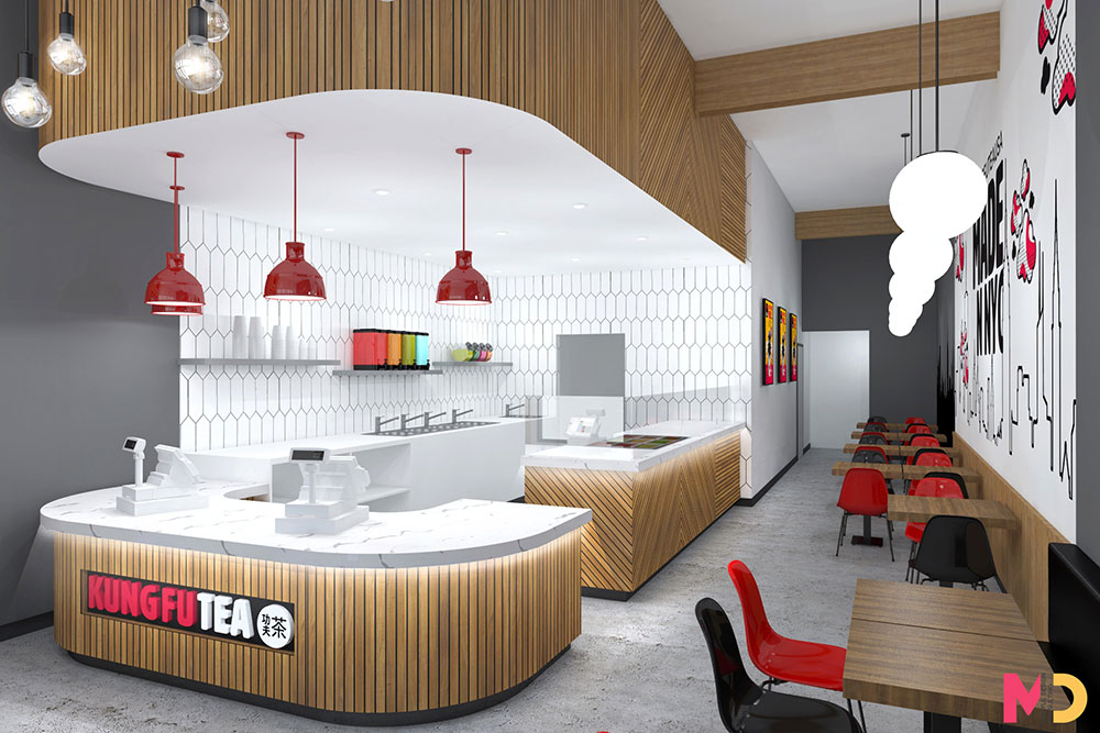 Bubble tea restaurant design in red, white, black and wood tones