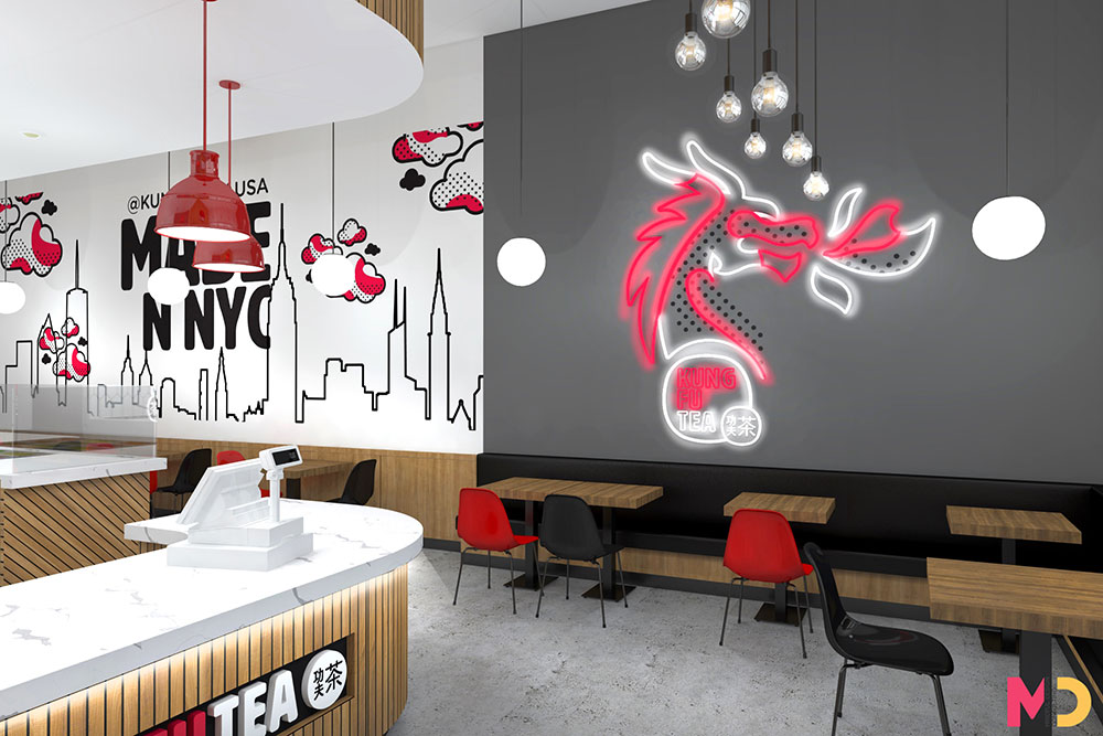 Dramatic wall graphics and oversized logo in bubble tea restaurant design