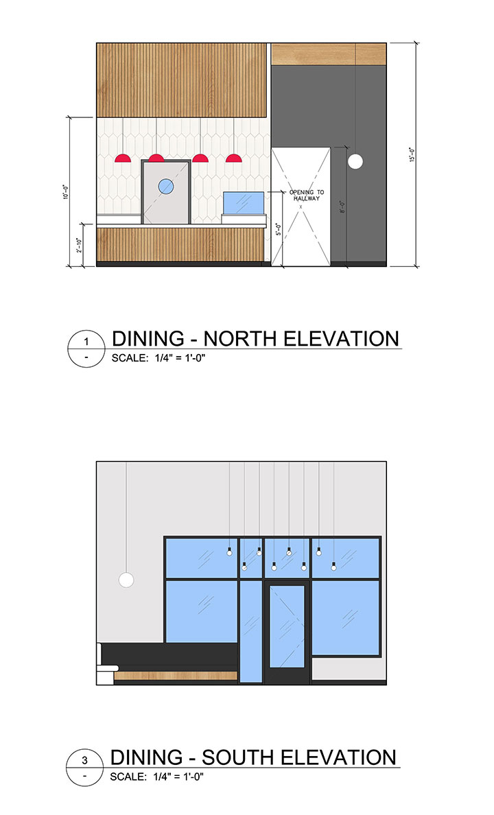Dining area elevations in boba tea restaurant design