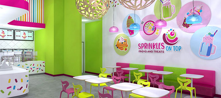 Frozen yogurt store design in lime, pink and blue