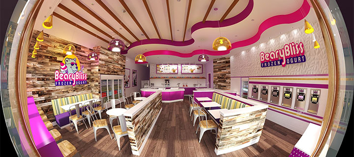 Colorful frozen yogur shop design with pink and purple curved soffits