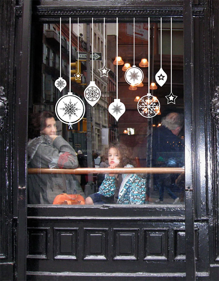 Christmas Ornament Decals in Restaurant Window