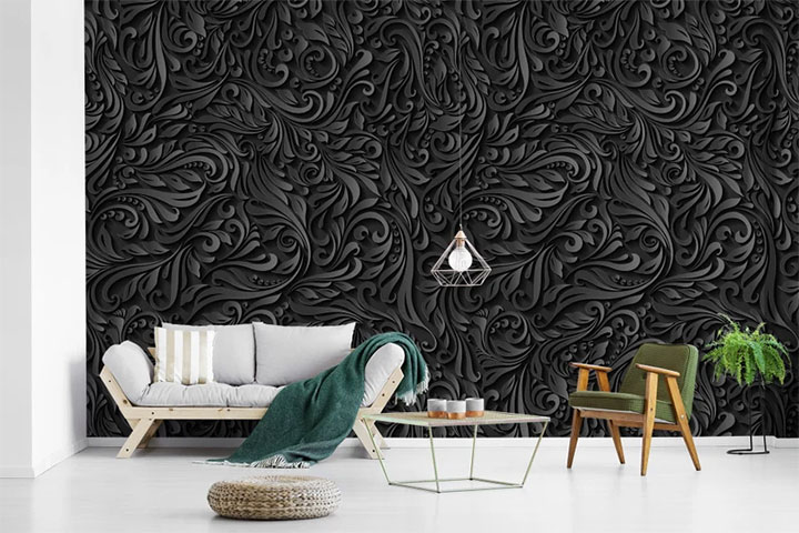 Black swirl metallic wallpaper that is one of the trendiest commercial interior finishes
