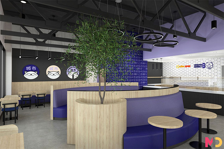 2022 Pantone color of the year showing in accents pieces inside bubble tea store design