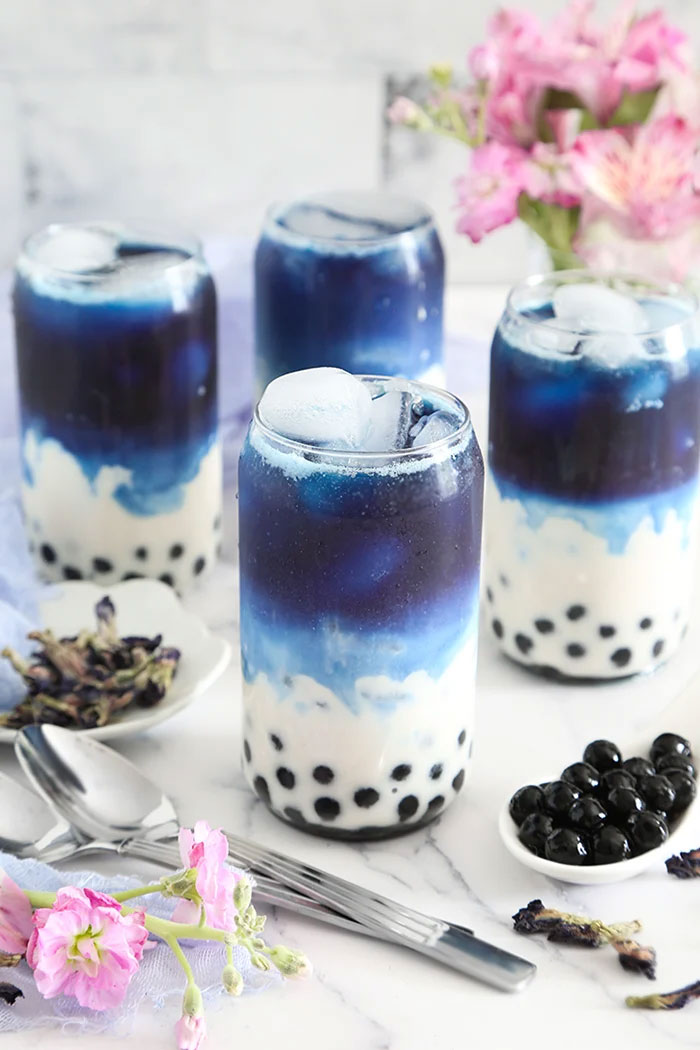 Bubble tea in white and blue tones