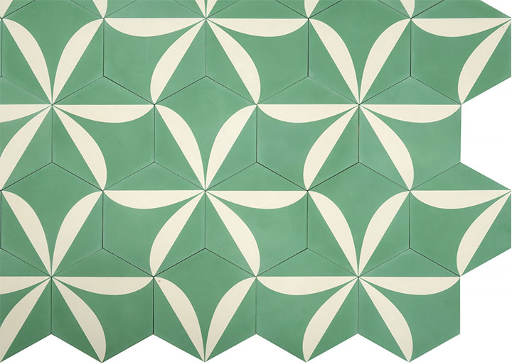 Green ceramic tile with geometric pattern