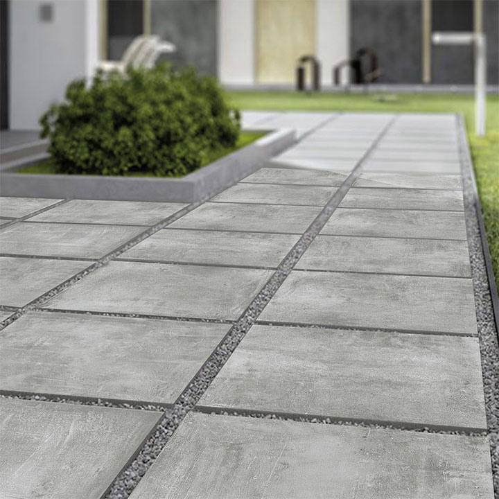 Concrete pavers and gravel in outdoor application