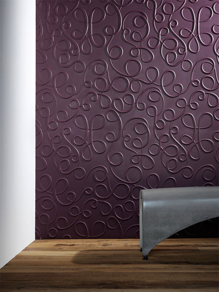 Swirl-pattern wall treatment in purple