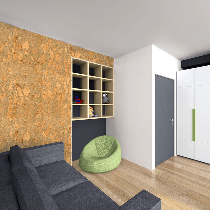 Cork tile wall in clean contemporary interior