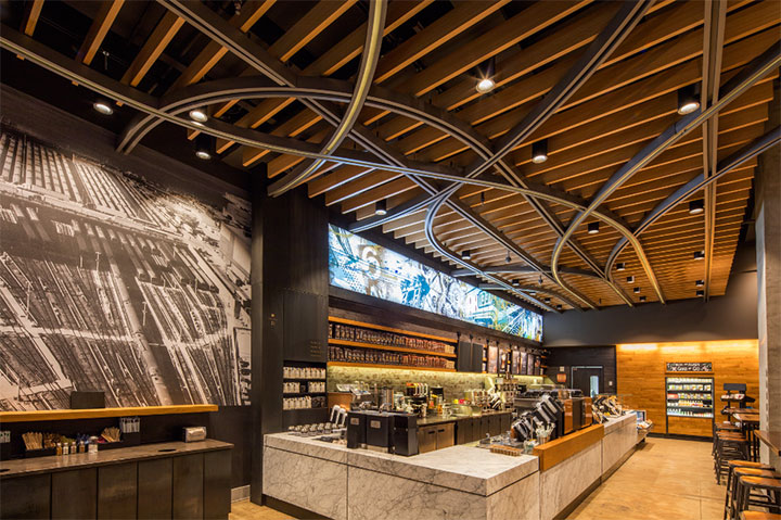 Layered textured wood ceiling in contemporary restaurant