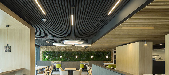 Restaurant with elegant contemporary interior and felt ceilings