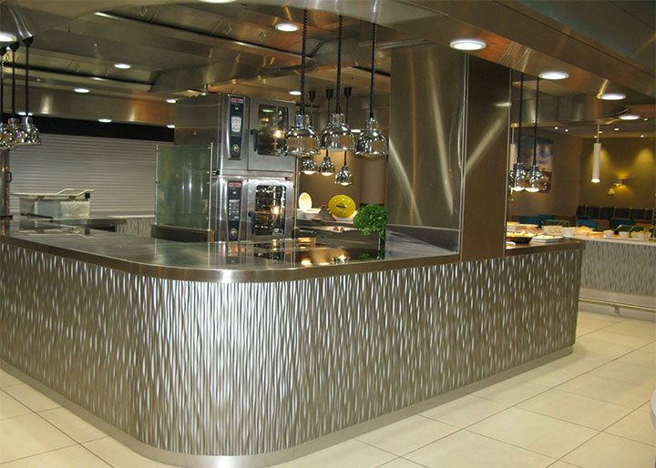 Wall panels used as counter side treatment in bar design