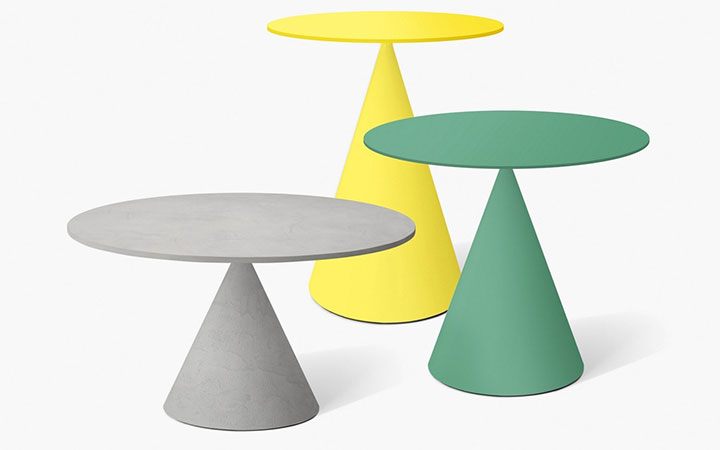 Fun geometric coffee tables with conical base and round top
