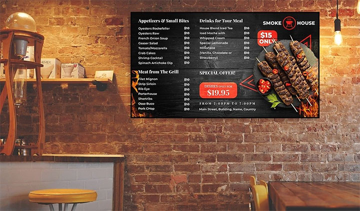 Wall-mounted TV menu board in rustic restaurant