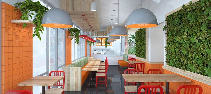 Restaurant interior with orange and red accents