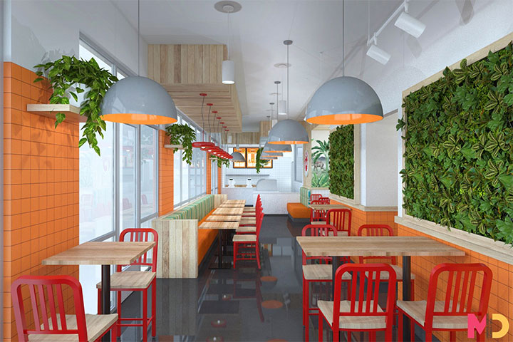 Restaurant interior with green panels in the seating area