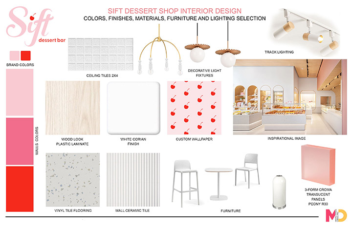 Colors, finishes, materials, furniture and lighting selection for elegant desser bar interior