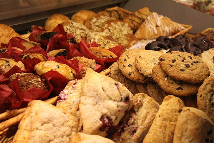 Display of pastries that need the installation of a grease trap in small dessert shops if baked on location