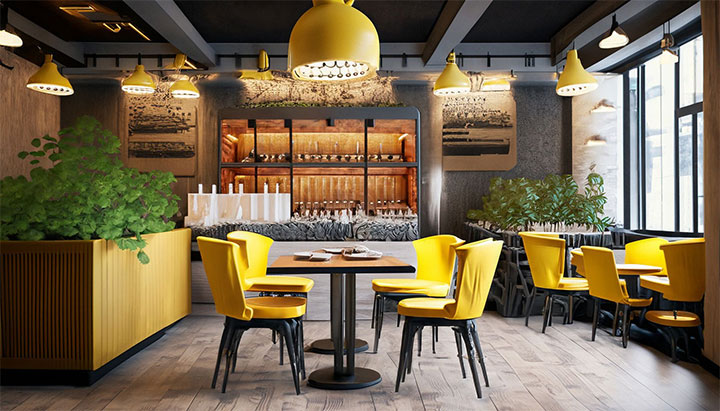AI-generated modern restaurant design with yellow furniture