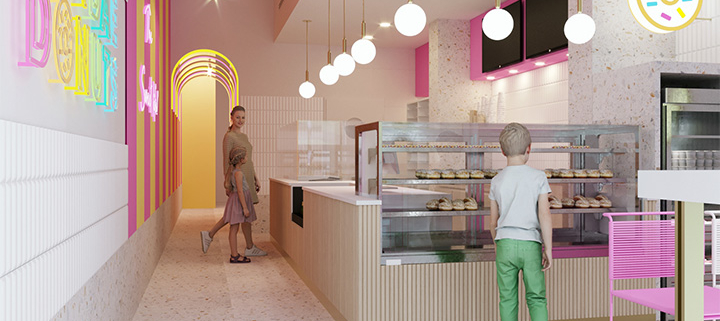 Donut store design with lots of artificial light and different light fixtures