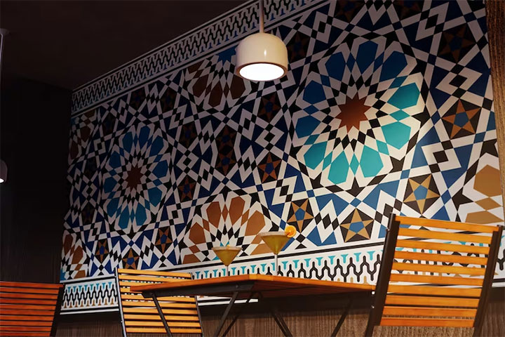 Wallpaper of global influences in restaurant interior