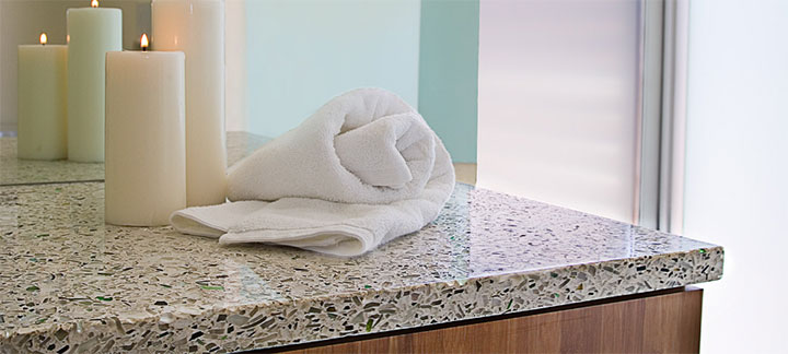 Eco-friendly recycled-glass bathroom vanity counter.