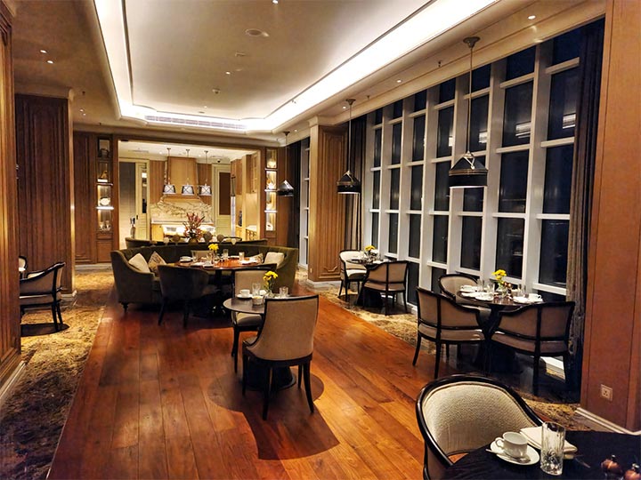 Oak flooring in elegant restaurant with intimate ambiance.