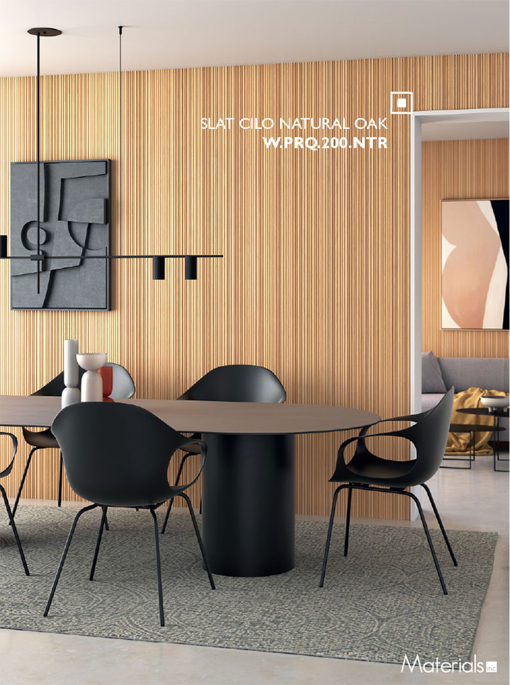 Slat wall in natural oak in a contemporary interior.