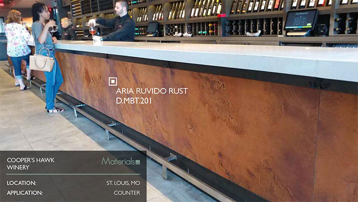 Use of rust HPL sheets in bar interior design.