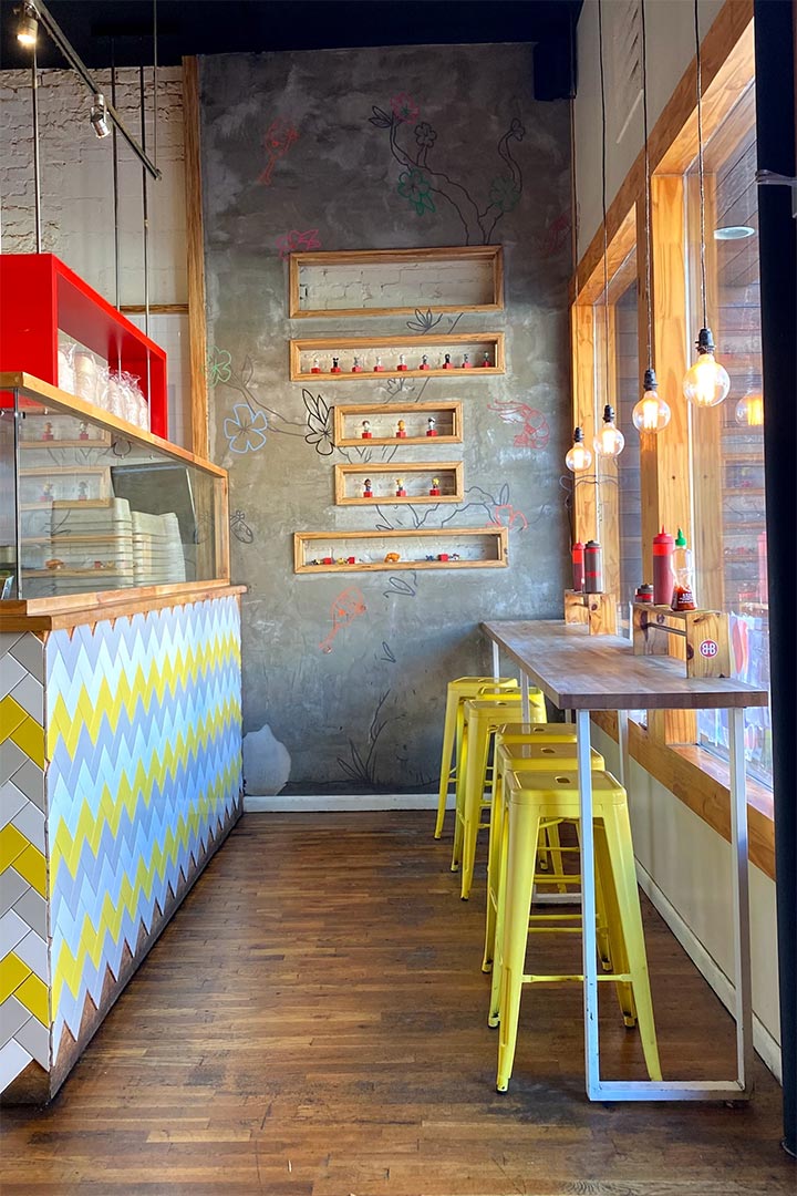 Modern and hip cafe with oak flooring.