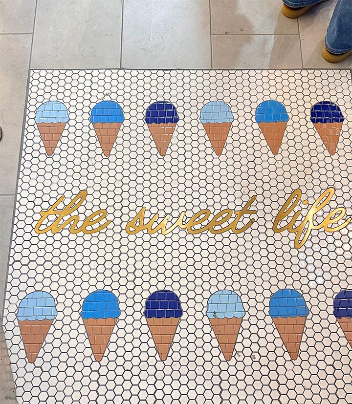 Customized floor tile in an ice-cream shop.