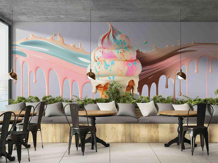 Dramatic ice-cream mural in a dessert shop.