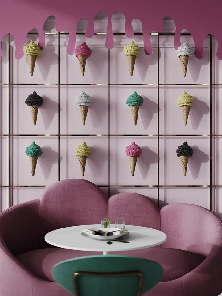 3D ice-cream wall decor in an elegant dessert store.
