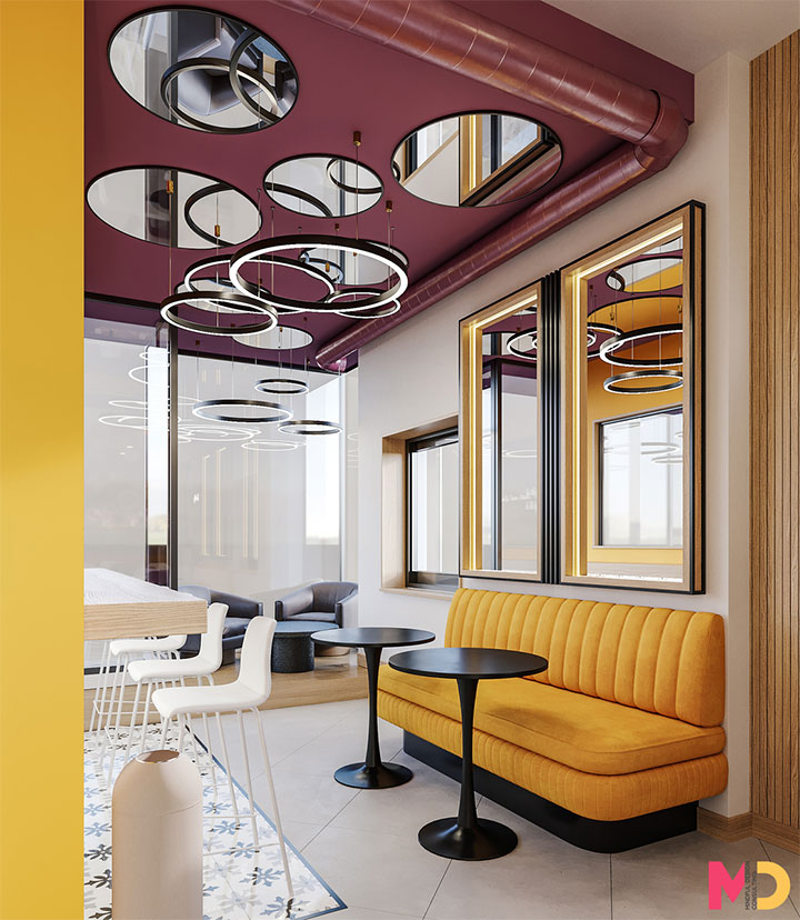 Cozy boba tea store design with three seating options.