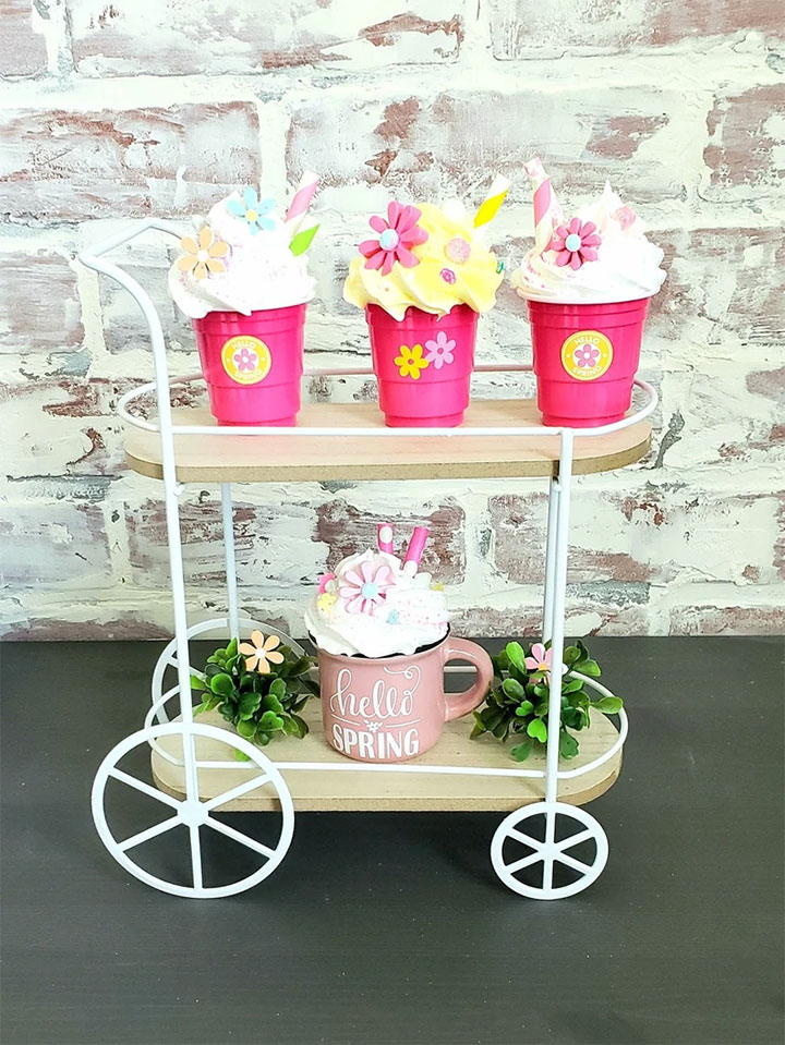 Fake dessert cups in spring colors.