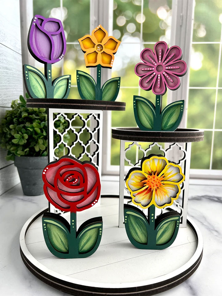 Wooden floral centerpieces for spring decor.