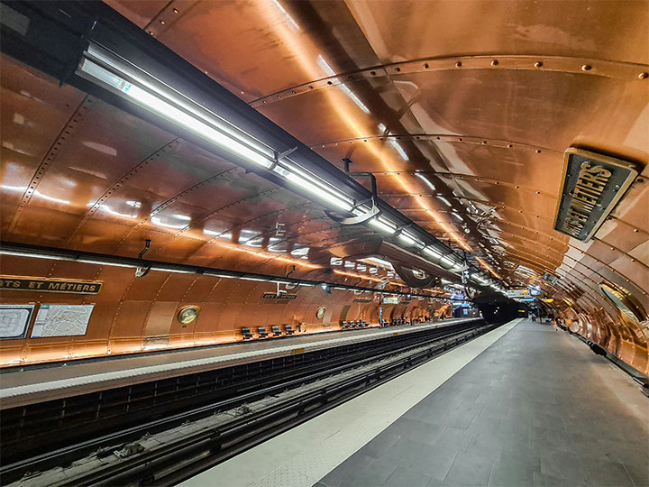 Copper walls and ceilings in a Parisian railway station.
