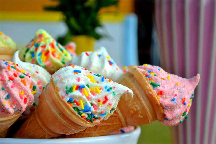 Image of ice-cream cones from a unique angle.