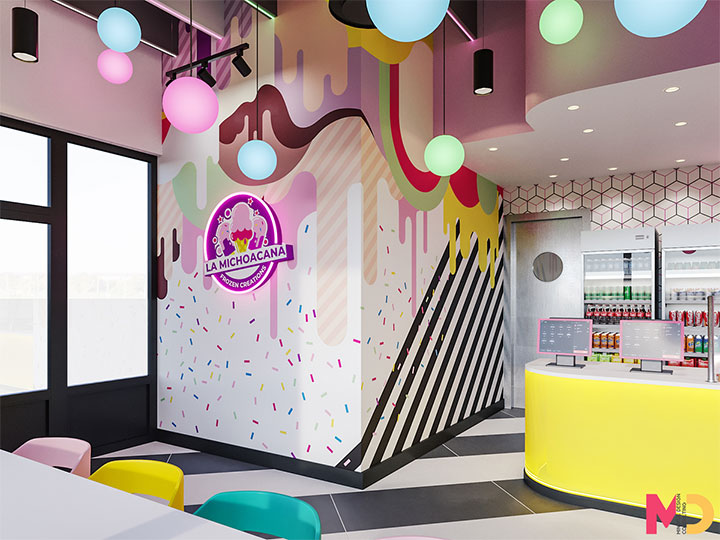 Colorful Mexican dessert store design exemplifyin a few interior design trends for restaurants.