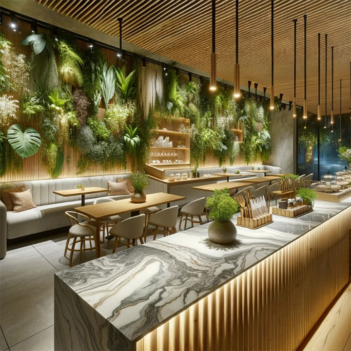 Cascading wall greenery in relaxing restaurant interior.
