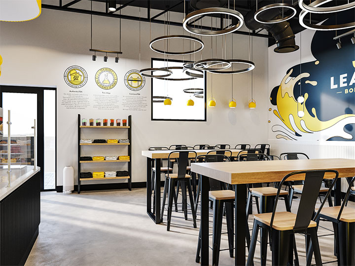 Communal seating in boba tea store.