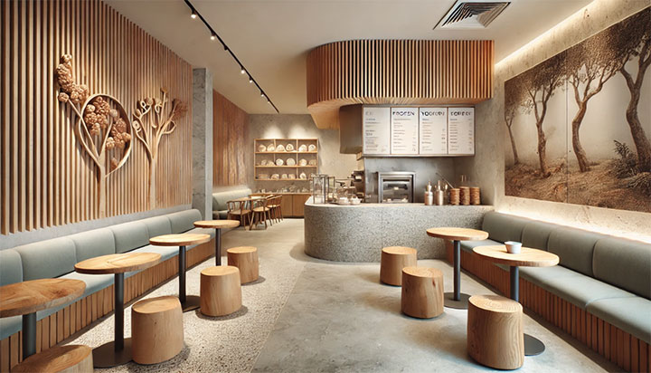 Heavy use of wood as a material in restaurant design.